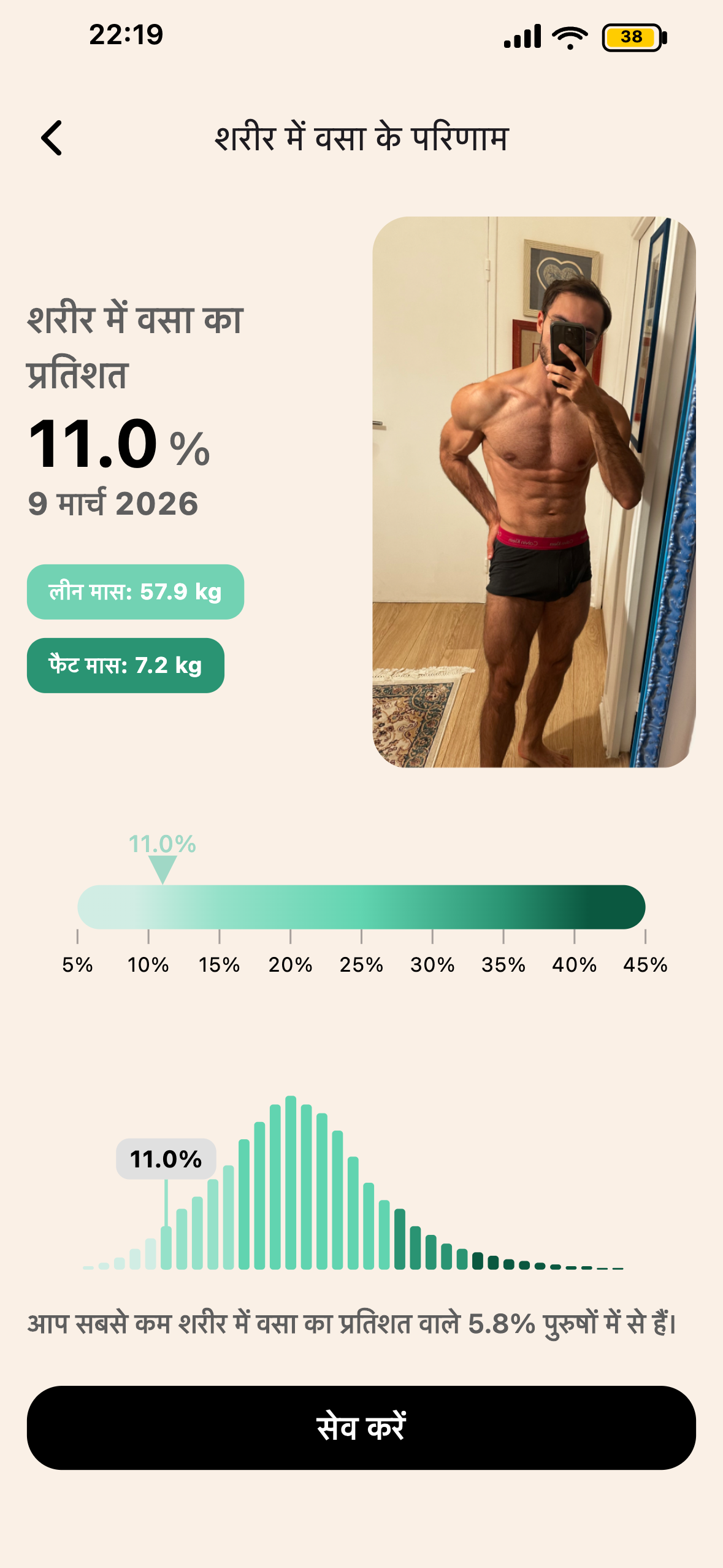 Lean ऐप में BodyScan से शरीर में वसा का परिणाम
