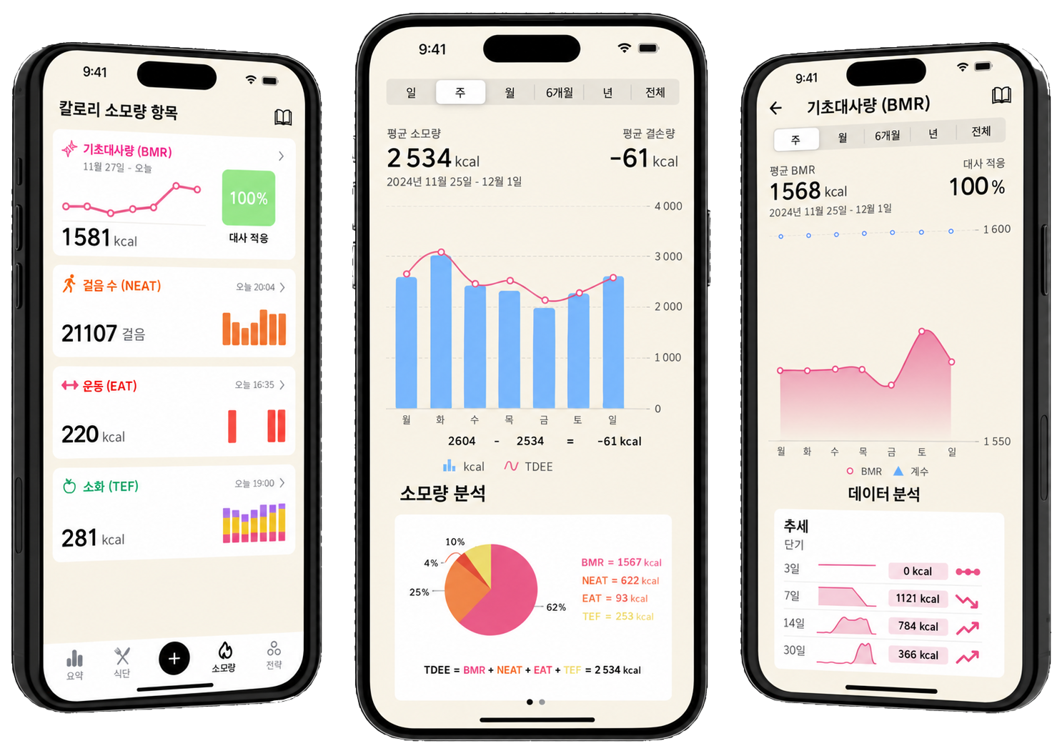 Lean 앱 기능 개요로, 칼로리 소모 분석 화면, TDEE 세부 구성, 기초대사량 추적 화면을 보여줍니다.