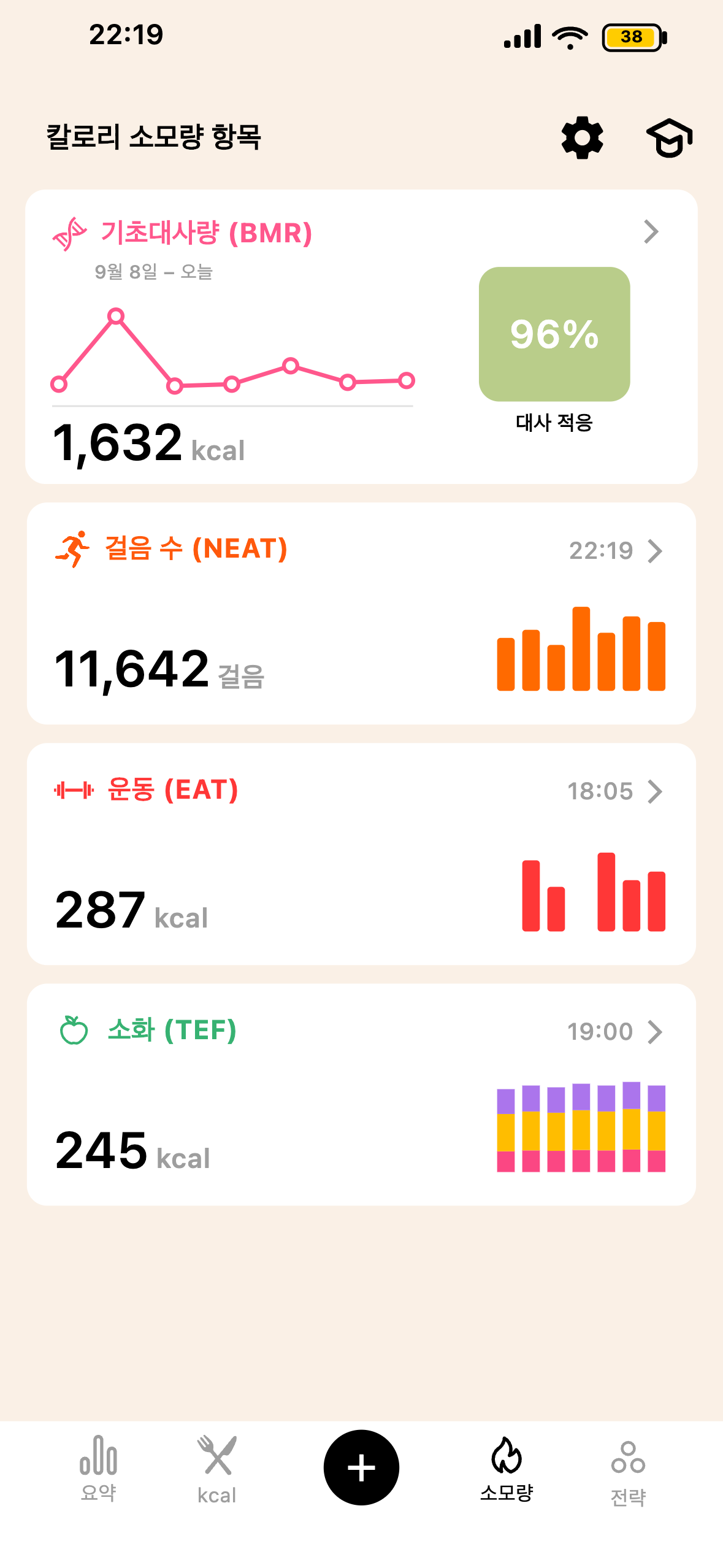 Lean 전체 칼로리 소모 화면