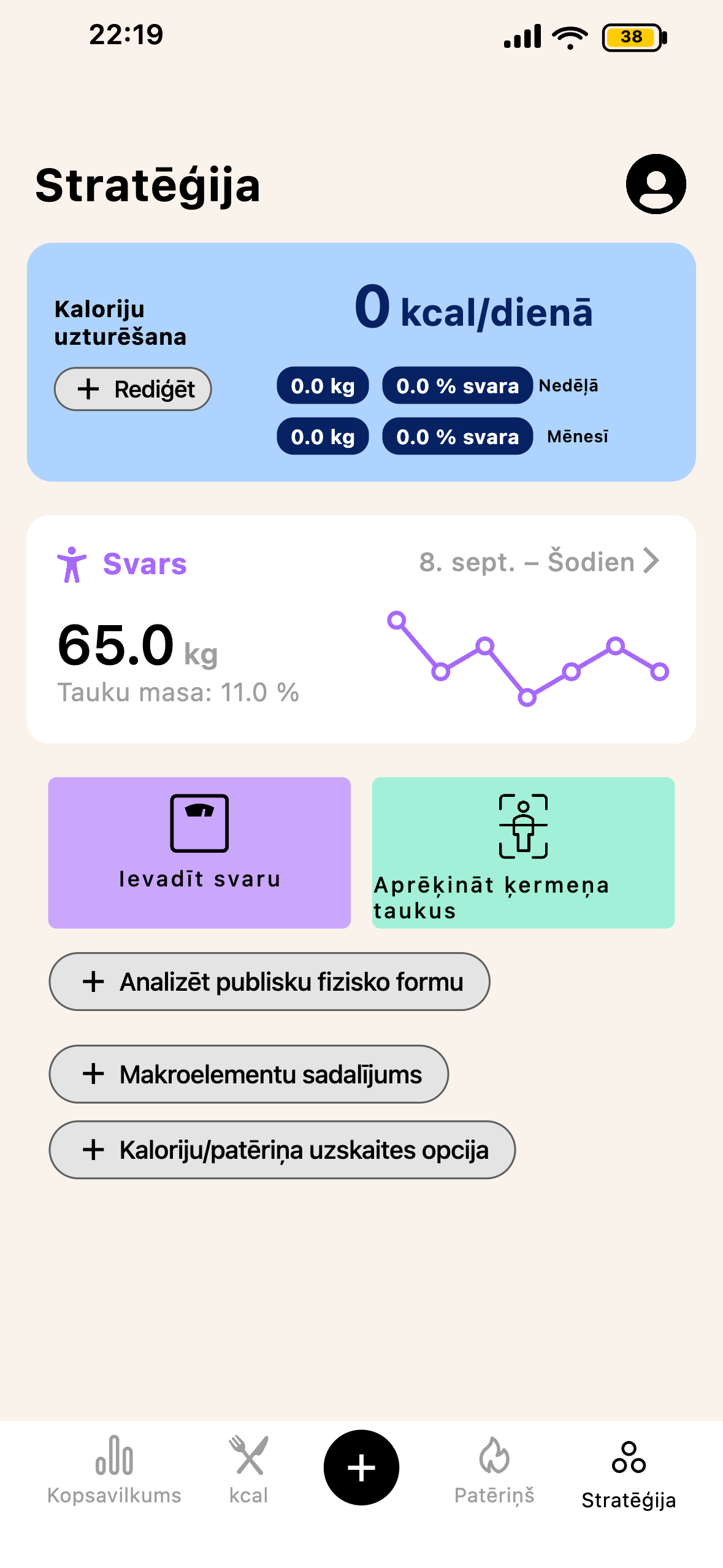 Lean stratēģijas un progresa piramīdas ekrāns