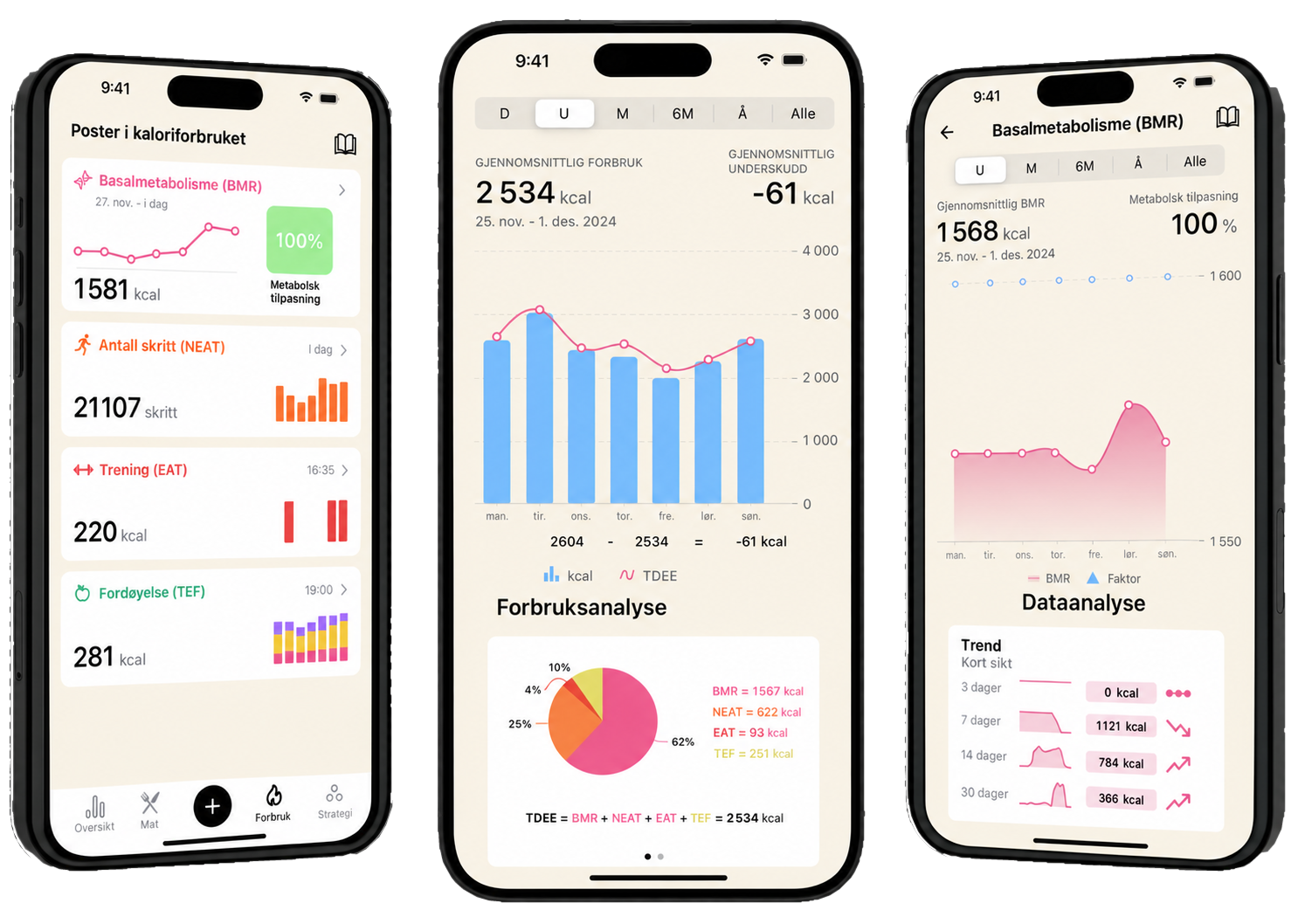 Vue d&rsquo;ensemble des fonctionnalit&eacute;s de l&rsquo;application Lean, montrant les &eacute;crans d&rsquo;analyse de la d&eacute;pense calorique, la d&eacute;composition de la TDEE et le suivi du m&eacute;tabolisme de base.