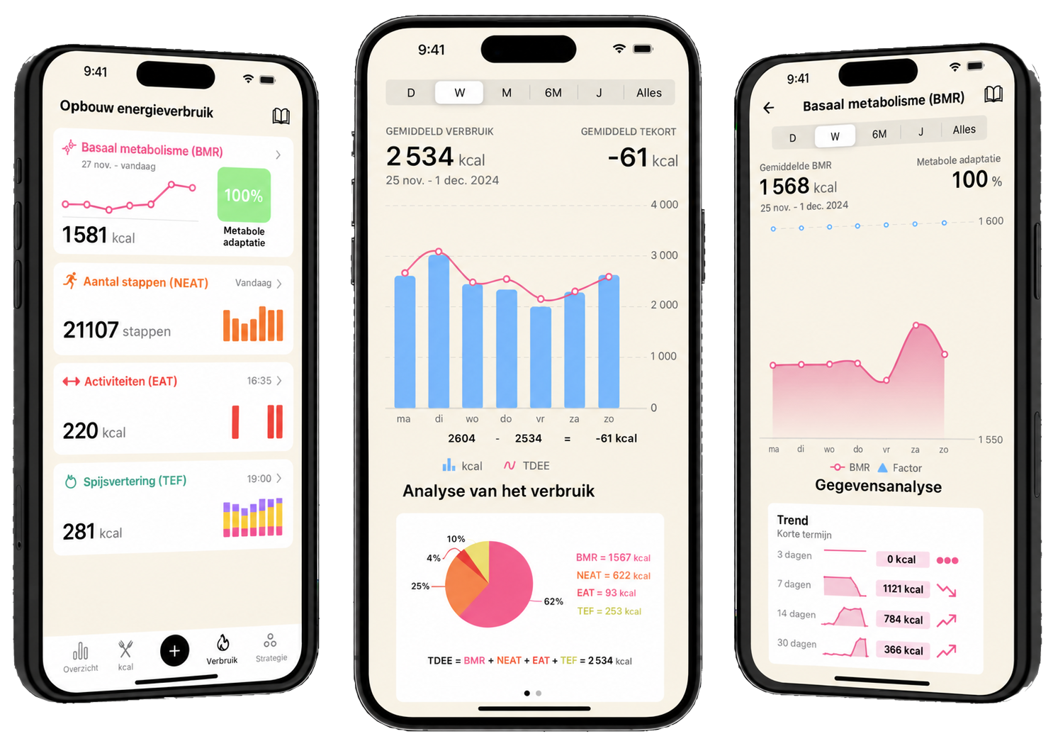 Vue d&rsquo;ensemble des fonctionnalit&eacute;s de l&rsquo;application Lean, montrant les &eacute;crans d&rsquo;analyse de la d&eacute;pense calorique, la d&eacute;composition de la TDEE et le suivi du m&eacute;tabolisme de base.