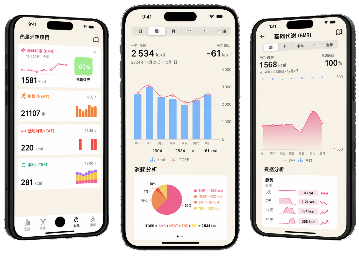 Lean 应用功能概览，展示热量消耗分析、TDEE 拆分和基础代谢追踪界面。